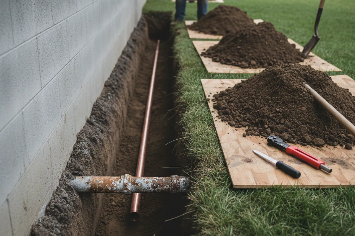 Excavated water line trench during Water Softener Installation in Carmichael